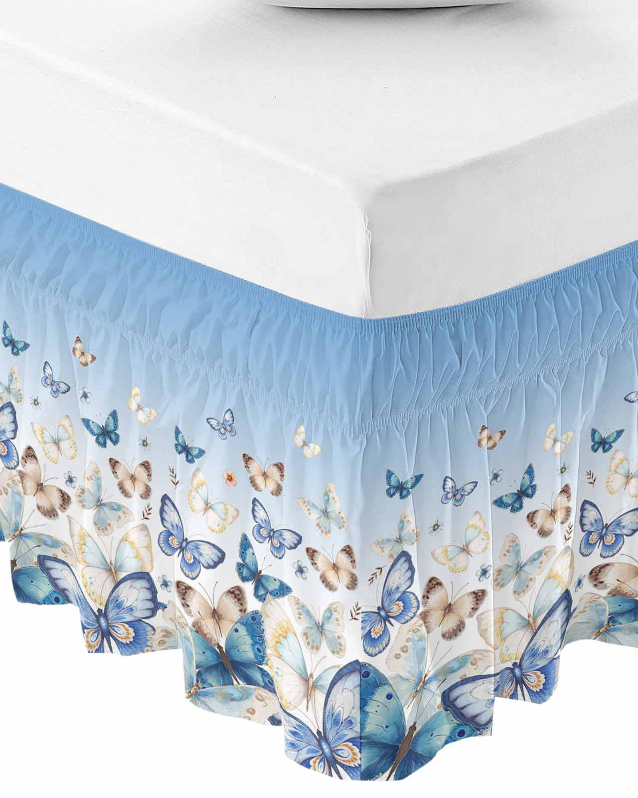 Blue Ombre Butterfly Wrap Around Bed Skirts for Queen Bed 18" Drop,Bed Skirt with Adjustable Elastic Belt Dust Ruffle Bed Valance for Bedroom Hotel Pastoral Farmhouse Butterflies Bed Frame Cover