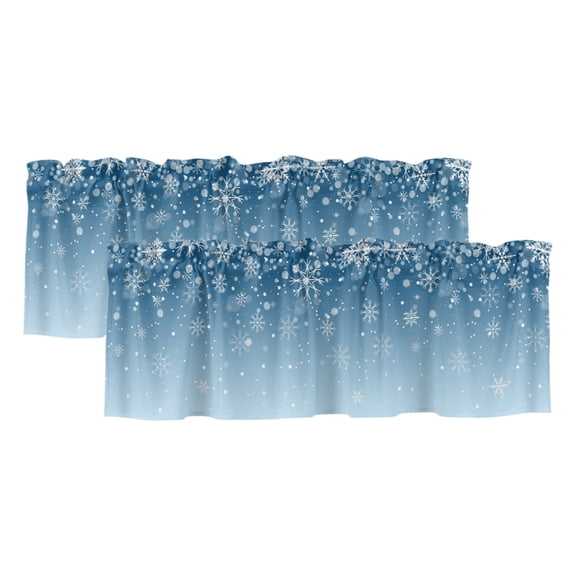 Blue Ombre Christmas Snowflake Curtain Valances for Windows, Winter Snowflake Xmas Light Filtering Kitchen Curtains, Rod Pocket Window Valance Curtains for Living Room, 54" W x 18" L, 2 Panels