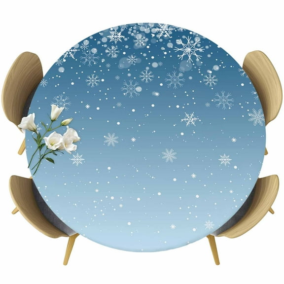 Blue Ombre Christmas Snowflake Fitted Tablecloth with Elastic Edged, Round Table Cloth for Dining Table, Winter Snowflake Xmas Waterproof Oil Proof Table Cover for Indoor Outdoor 36"-44"