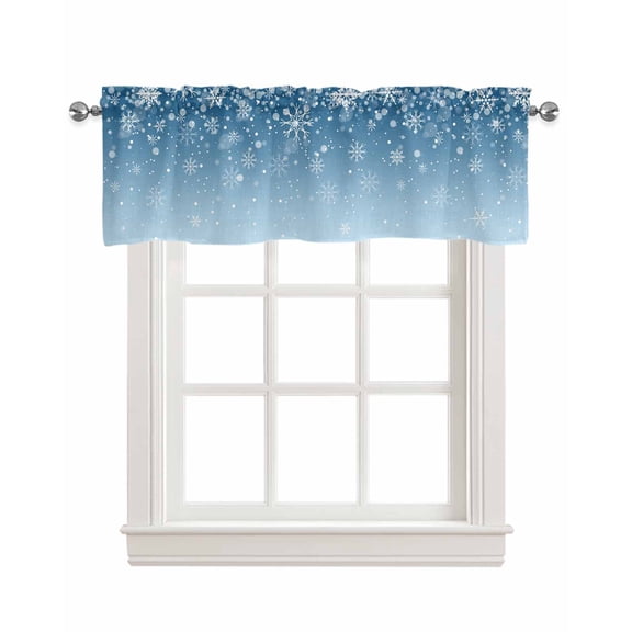 Blue Ombre Christmas Snowflake Linen Curtain Valance for Bedroom/Bathroom/Kitchen/Office/Living/Dining Room Window,Winter Snowflake Xmas Rod Pocket Topper Decorative Cafe Drapes Panel 42"x18"