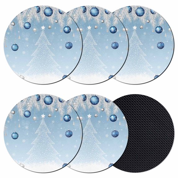 Blue Ombre Christmas Tree Coasters Set of 6, Absorbent Coasters for Drinks, Xmas Balls Pine Needles Snowflake Coaster for Desk Coffee Table Protection, Home Decor House Warming Gifts 4"