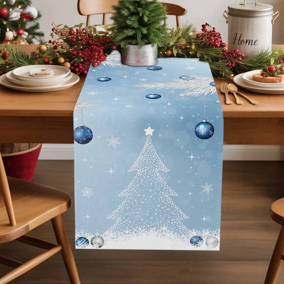 Blue Ombre Christmas Tree Cotton Linen Table Extra Long Runner 13 x 120 inch Xmas Balls Pine Needles Snowflake Non-slip Rectangular Dining Table Decor for Wedding Party Holiday Dinner