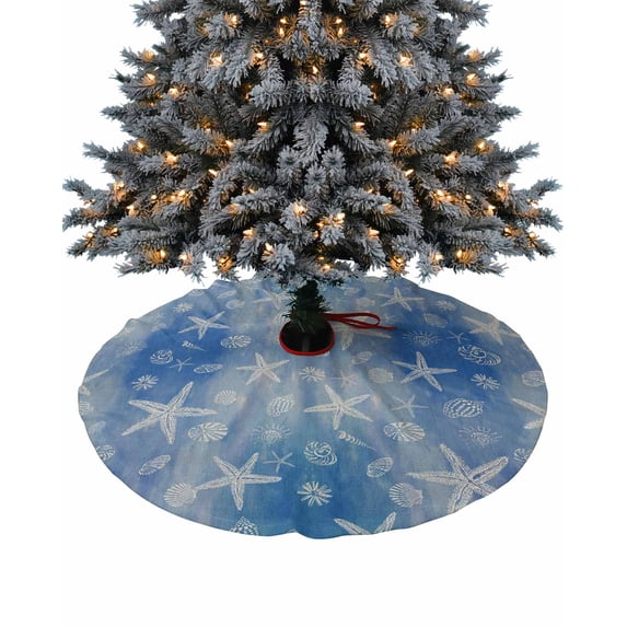 Blue Ombre Christmas Tree Skirt 36 Inches Large Christmas Skirt Tree, Summer Beach Starfish Ocean Coastal Conch Shell Tree Skirt Christmas Decorations for Fireplace Party Holidays Indoor Outdoor