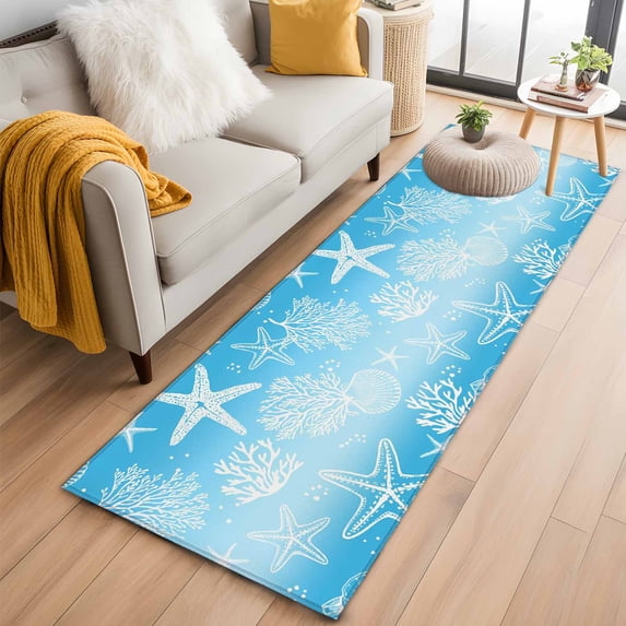 Blue Ombre Coastal 2'x6' Runner Rugs for Hallway Kitchen Bedside Non Slip, Sea Nautical Summer Beach Starfish Coral Entryway Rug Runners with Rubber Backing, Long Carpet Runner for Laundry Room
