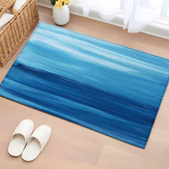 Blue Ombre Coastal Bathroom Rug Washable 2x3 Entryway Rug Non Slip Summer Gradient Ocean Wave Front Door Mat Low Pile Indoor Doormat Throw Floor Carpet for Kitchen Bedroom Entrance