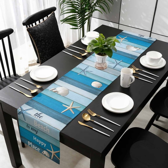 Blue Ombre Coastal Cotton Linen Table Runner 13 x 70 inch Nautical Starfish Shell Summer Beach Non-slip Rectangular Dining Table Decor for Wedding Party Holiday Dinner