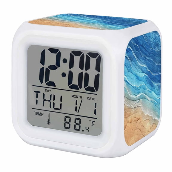 Blue Ombre Coastal Digital Alarm Clock for Bedrooms,Smart LED Alarm Clock with 7 Color Changing Night Light,Summer Nautical Beach Ocean Seaside Silent Wake Up Clocks for Sleep Study Cooking 3.2"x3.2"