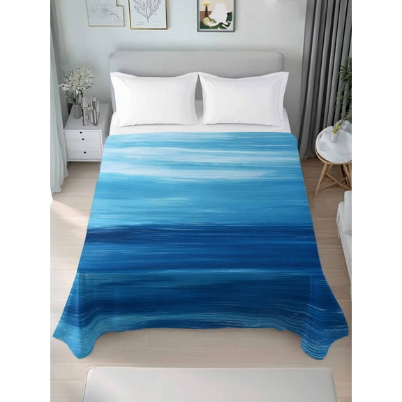 Blue Ombre Coastal King Size Flat Sheet, Wrinkleproof & Fadeproof Cooling Flat Bed Sheet Only, Summer Gradient Ocean Wave Breathable Soft Bedding Top Sheets 105 x 98 Inches
