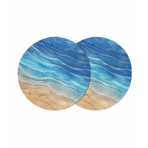 Blue Ombre Coastal Round 13 Inch Placemats Set of 2, Summer Nautical Beach Ocean Seaside HeatResistant Non Slip Place Mats for Dining Table, Wipeable Braided Kitchen Table Mats for Housewarming