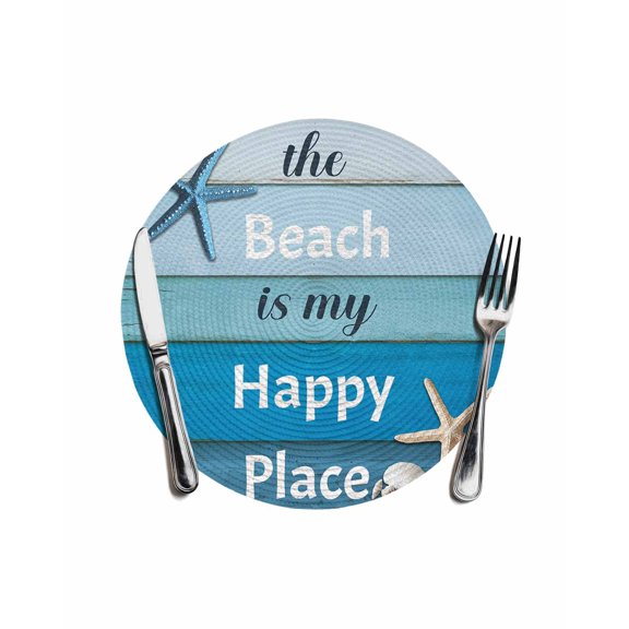 Blue Ombre Coastal Round Placemats for Dinning Tables,Heat-proof Braided Table Mats 13 Inch,Nautical Starfish Shell Summer Beach Washable Place Mat for Kitchen Restaurant Party Decor Table Setting