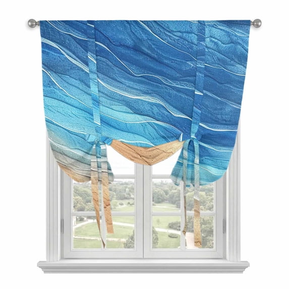 Blue Ombre Coastal Tie Up Curtains for Kitchen Windows,Adjustable Rod Pocket Valance 45 Inch Short, Summer Nautical Beach Ocean Seaside Window Treatment Balloon Roman Blind Shade, 42" x 45"