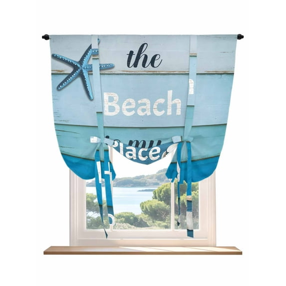 Blue Ombre Coastal Tie Up Curtains for Windows 45 Inch Length Balloon Curtains Kitchen Adjustable Balloon Window Shade Nautical Starfish Shell Summer Beach Tie Up Bathroom Curtain Window 52"x45"