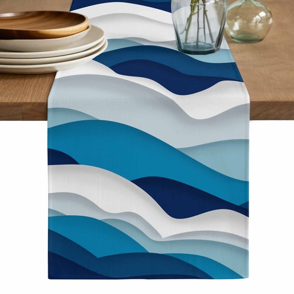 Blue Ombre Cotton Linen Table Runner for Dining Kitchen, Modern Geometric Abstract Art Moire Wedding Outdoor Party Tablerunners Decoration, Dresser Scarf Coffee Tablecloth Runners 13x36 Inches