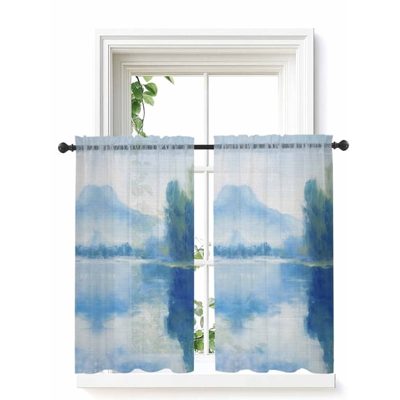 Blue Ombre Curtains 45 Inch Length, Sheer Curtains for Bedroom Living Room Window Watercolor Landscape Abstract Rustic Rod Pocket Voile Drapes Kitchen Curtains Small Half Window 52"x45" 2 Panels
