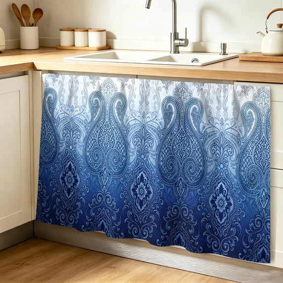 Blue Ombre Ethnic Cabinet Curtain 28"W x 51"L, Traditional Boho Romantic Dust-Proof Privacy Curtain for Closet Shelves Self Adhesive, Sink Skirt for Bathroom Vanity Kitchen Laundry Room