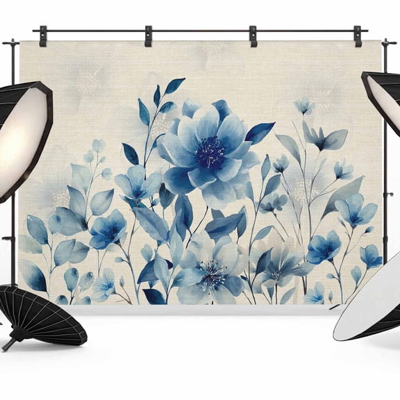 Blue Ombre Floral Backdrop for Photoshoot,Photography Photo Studio Background Wall Backdrop,Spring Elegant Flowers Beige Rustic Back Drop Banner Panel for Portraits Wedding Live Streaming 12x8Ft