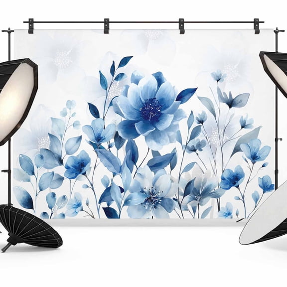 Blue Ombre Floral Backdrop for Photoshoot,Photography Photo Studio Background Wall Backdrop,Spring Elegant Flowers Watercolor Back Drop Banner Panel for Portraits Wedding Party Live Streaming 7x5Ft