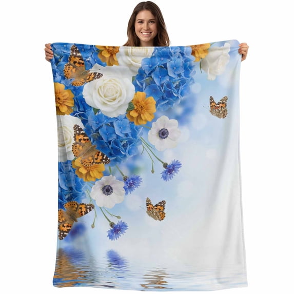 Blue Ombre Floral Blanket Soft Cozy Warm Throw Blanket for Couch, Plush Fuzzy Flannel Fleece Blankets for Sofa, Spring Flowers Modern Art Bed Blankets Lightweight Gifts for Women, 40"x60"