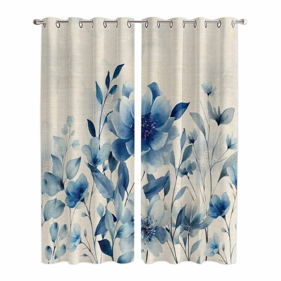 Blue Ombre Floral Kitchen Curtains 96 Inch Length, Spring Elegant Flowers Beige Rustic Grommet Top Bedroom Living Room Curtains, Light Filtering Cafe Curtain Drapes 2 Panels Set 104''x96''