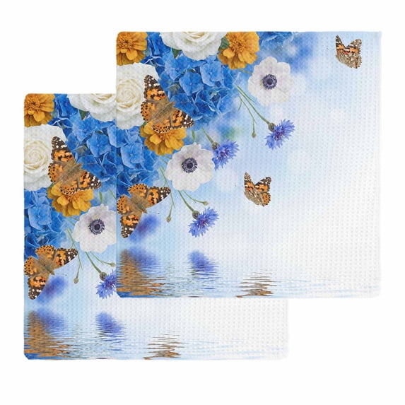 Blue Ombre Floral Kitchen Dish Towels for Drying Dishes Set of 2, Spring Flowers Modern Art Waffle Weave Microfiber Hand Tea Bathroom Towels Quick Dry & Absorbent Towel 12x12