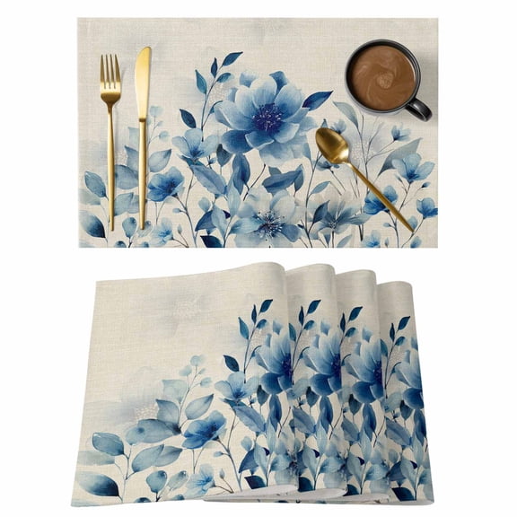 Blue Ombre Floral Placemats Set of 12, Spring Elegant Flowers Beige Rustic Placemats for Dining Table, Place Mats for Kitchen Tabletop, Waterproof Wipeable Dining Table Mats Set