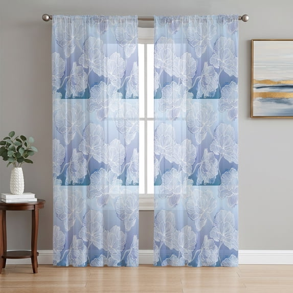 Blue Ombre Floral Sheer Curtains 96 Inch Length 2 Panels Set, Sky Classic Minimalist Voile Window Treatment Semi Sheer Long Curtains Drapes for Bedroom/Living Room/Kitchen 52"x96"x2