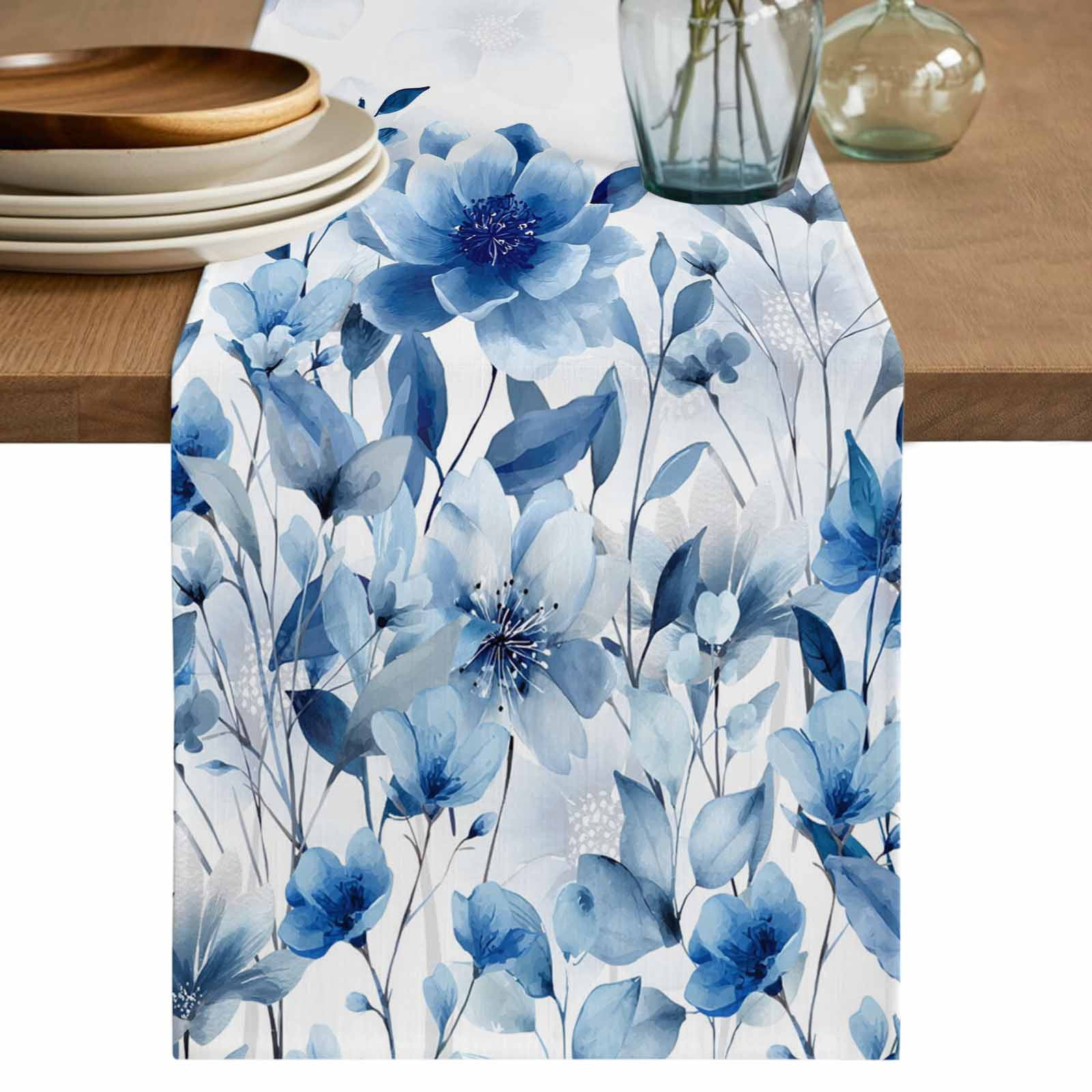 Blue Ombre Floral Short Table Runner 48 Inches Long,Spring Elegant ...
