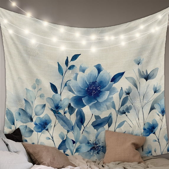 Blue Ombre Floral Tapestry for Bedroom Wall Hanging Tapestry, Spring Elegant Flowers Beige Rustic Ceiling Backdrop Tapestries Poster Blanket Wall Decor for Teens Room Living Room Dorm 55" x 73"