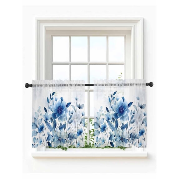 Blue Ombre Floral Tier Curtains 24 Inch Length,Sheer Curtains for Bedroom Living Room Window Spring Elegant Flowers Watercolor Rod Pocket Drapes Kitchen Curtains Small Half Window 27.5"x24" 2 Panels