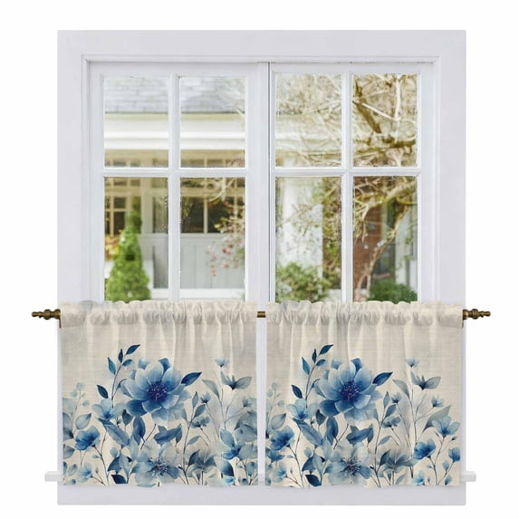 Blue Ombre Floral Tier Curtains, Spring Elegant Flowers Beige Rustic Light Filtering Kitchen Curtains, 2Pcs Rod Pocket Half Window Treatments Panels for Sink Cafe Cabinet Camper 27.5x36 Inches