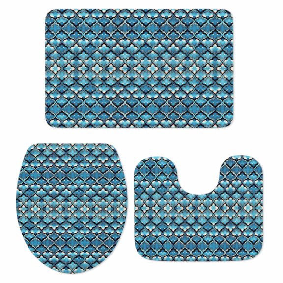 Blue Ombre Geometric Bath Mat 3 Piece Bathroom Rug Set, Aqua Morocco Modern Abstract Art Non Slip Bath Rug Contour Mat and Toilet Lid Cover, Absorbent Shower Mats Soft Bath Rugs and Mats Sets