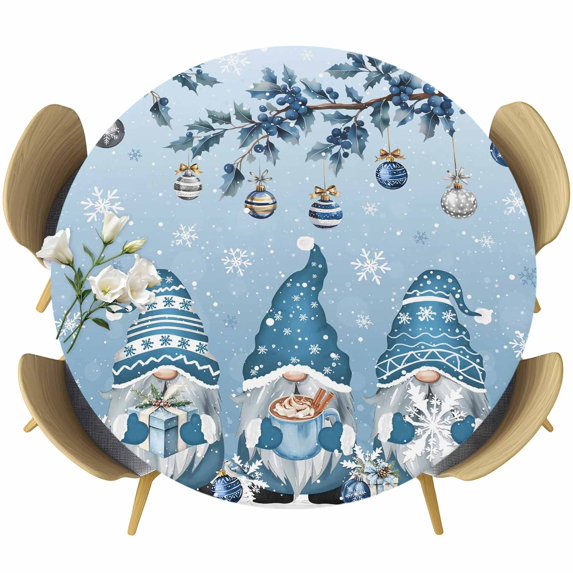 Blue Ombre Gnomes Christmas Round Tablecloth, Fitted Table Cover with Elastic for 45"-54" Round Tables, Xmas Balls Tree Snowflake Retro Table Cloth Outdoor Indoor Dinning Party Waterproof Tablecloths