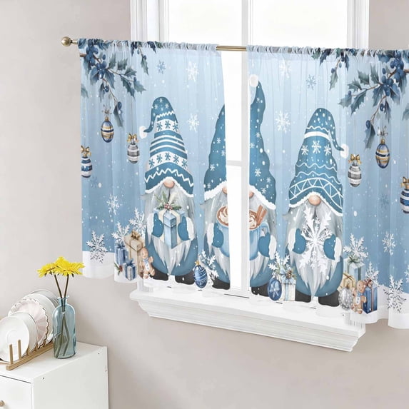 Blue Ombre Gnomes Christmas Sheer Curtains 45 Inch Length 2 Panels Set Window Treatments, Xmas Balls Tree Snowflake Retro Rod Pocket Semi Curtains for Living Room/Bedroom/Kitchen Décor, 104"W x 45"L