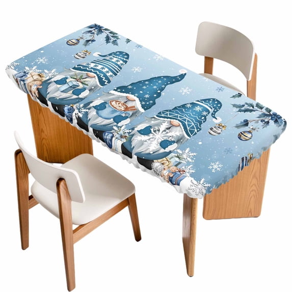 Blue Ombre Gnomes Christmas Table Cloths for 4 Foot Rectangle Tables, Xmas Balls Tree Snowflake Retro Patio Waterproof Elastic Fitted Tablecloths, Washable Rectangular Table Cover for Camping