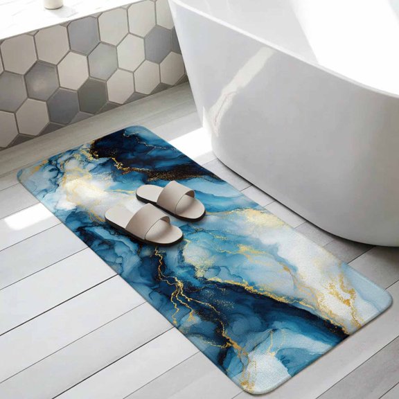 Blue Ombre Golden Marble Bathroom Runner Rugs Non Slip Washable Absorbent Narrow Long Bath Mat Abstract Modern Marble Crack Runner Rugs for Kitchen Hallway Bedroom Laundry Study Room 19.7"x63"