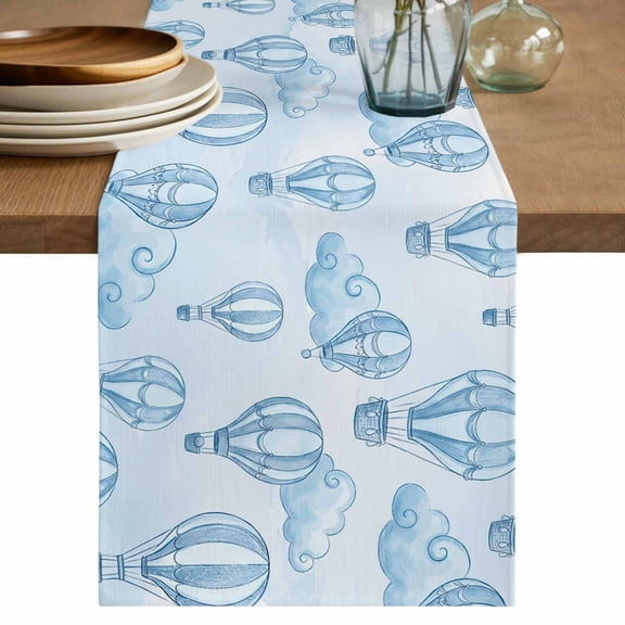 Blue Ombre Hot Air Balloon Table Runner, Modern Balloon Float Clouds Washable Cotton Linen Table Runners 36 Inches Long, Dresser Scarf Runner for Nightstand/End Tables/Round Tables 13''x36''