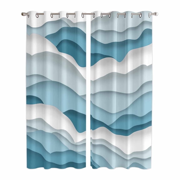 Blue Ombre Kitchen Curtains 84 Inch Length, Modern Geometric Moire Abstract Art Grommet Top Bedroom Living Room Curtains, Light Filtering Cafe Curtain Drapes 2 Panels Set 84''x84''