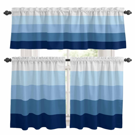 Blue Ombre Kitchen Curtains Sets for Windows 24 Inch Length, Modern Abstract Art Farmhouse Striped Rod Pocket Window Treatments Tier Curtains and Valances Set for Bedroom/Bathroom