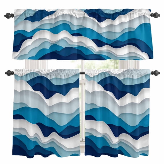 Blue Ombre Kitchen Curtains Sets for Windows 24 Inch Length, Modern Geometric Abstract Art Moire Rod Pocket Window Treatments Tier Curtains and Valances Set for Bedroom/Bathroom