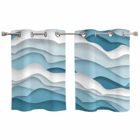 Blue Ombre Kitchen Curtains Small Short 39 Inch Length, Modern Geometric Moire Abstract Art Grommet Top Bedroom Living Room Curtains, Light Filtering Cafe Curtain Drapes 2 Panels Set 55''x39''
