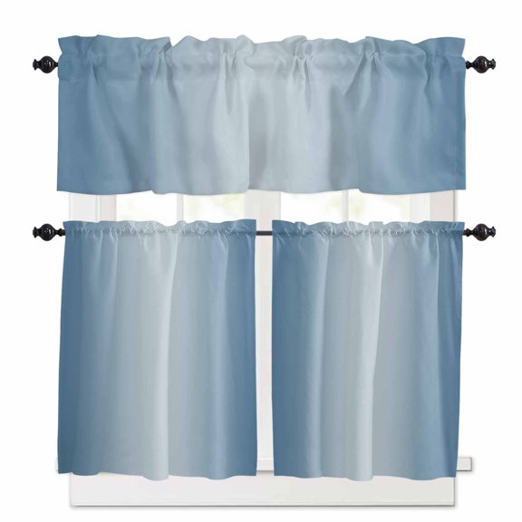 Blue Ombre Kitchen Curtains and Valances Set, 3 Piece Kitchen Curtains Set 36 Inch Length, Modern Gradient Abstract Art Rod Pocket Curtains Tier Farmhouse Window Curtains