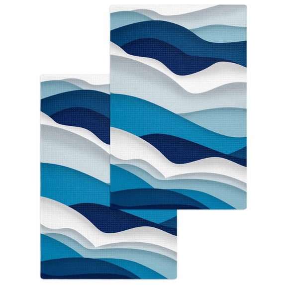 Blue Ombre Kitchen Dish Towels for Drying Dishes Set of 2, Modern Geometric Abstract Art Moire Waffle Weave Microfiber Hand Tea Bathroom Towels Quick Dry & Absorbent Towel 15.7x23.6