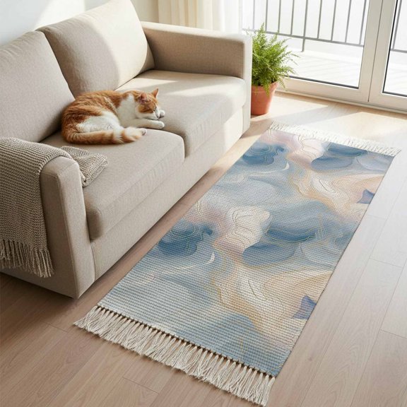 Blue Ombre Kitchen Runner Rug 2'x4', Modern Geometric Yellow Lines Abstract Art Washable Rug with Tassels, Non Slip Woven Cotton Bathroom Rugs Hallway Carpet for Foyer Bedroom Entry Back Door Decor
