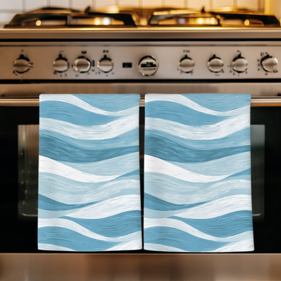 Blue Ombre Kitchen Towels Set of 3, Modern Moire Abstract Art Aesthetics Absorbent Dish Towels for Kitchen, Microfiber Hand Towel, Quick Drying Tea Towel for Cleaning Decorative Dishcloths