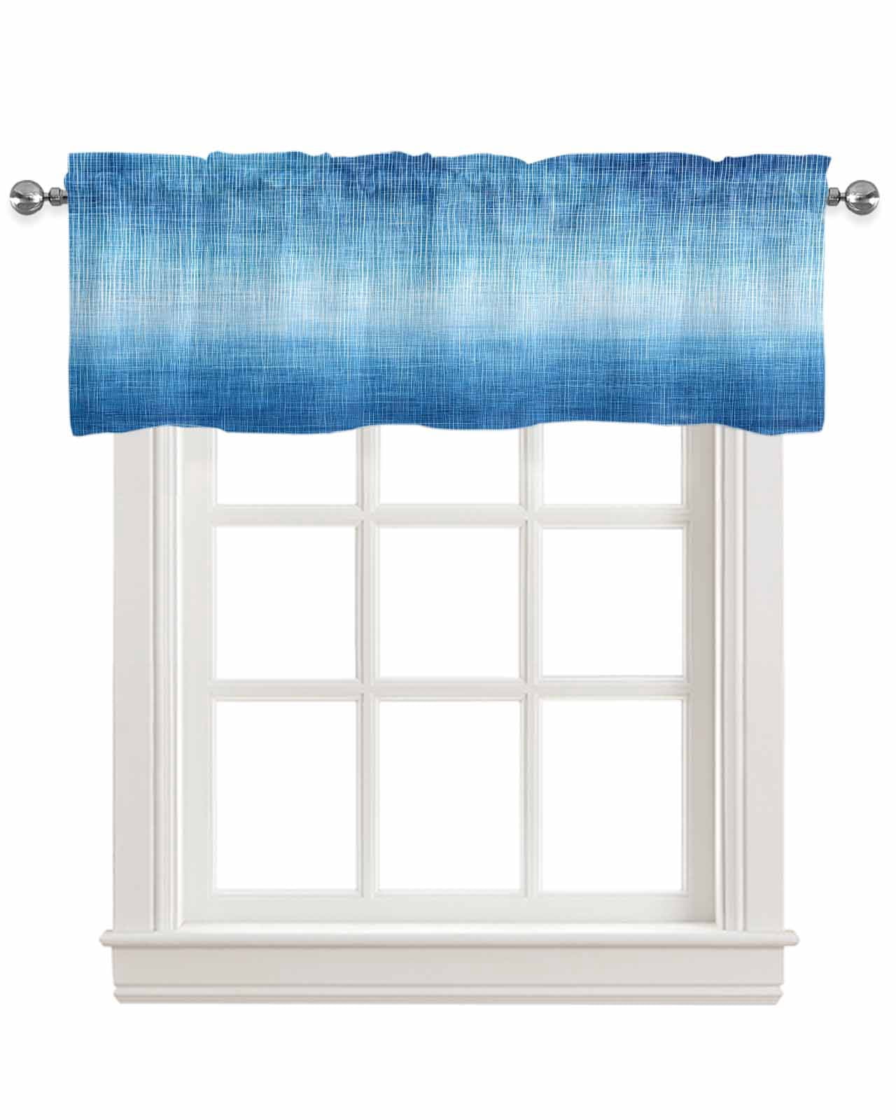 Blue Ombre Kitchen Valances for Windows Farmhouse Linen Window Valance Curtain for Living Room Window Treatment Vintage Chic Gradient Abstract Texture Art Valance Rod Pocket Topper, 42 x 18 Inch