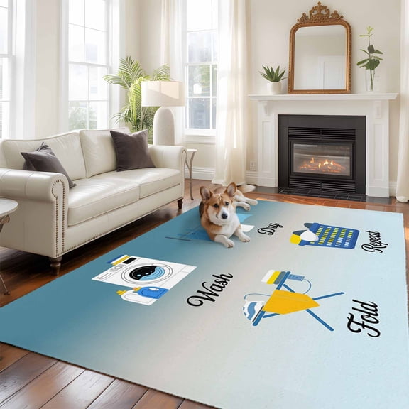 Blue Ombre Laundry Area Rug 5x8 FT, Non Slip Bedroom Throw Carpet, Wash Dry Fold Repeat Washable Soft Floor Carpet Non-Shedding Rug for Living Room Nursery Dorm Office