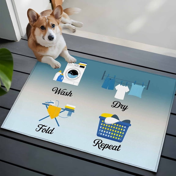 Blue Ombre Laundry Bathroom Mat 2x3 FT, Non Slip Small Kitchen Mat, Wash Dry Fold Repeat Washable Backed Front Door Throw Rug Non-Shedding Indoor Outdoor Doormat for Entryway Sink