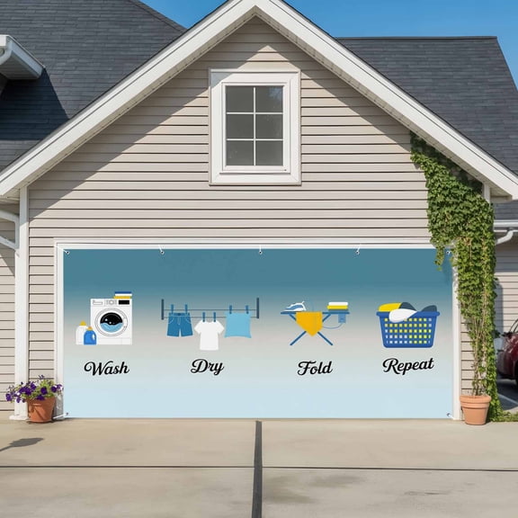 Blue Ombre Laundry Garage Door Cover Banner 7 x 16 FT, Wash Dry Fold Repeat Garage Door Curtains Backdrop with Grommets for Indoor Outdoor Wall Party Porch Yard Decorations Background