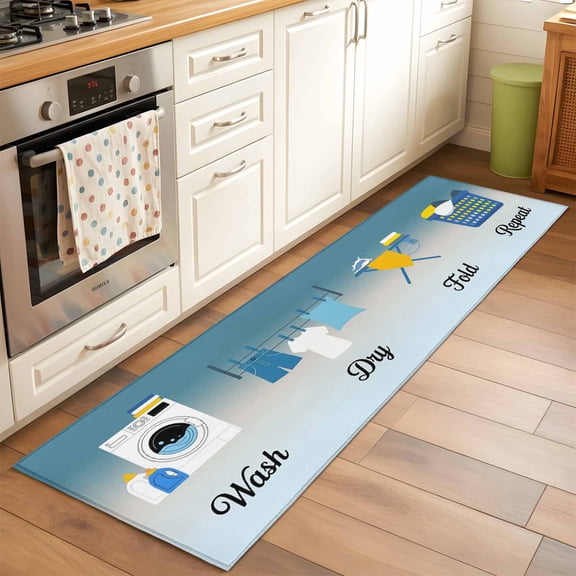 Blue Ombre Laundry Runner Rug 2x6 FT, Non Slip Hallway Carpet, Wash Dry Fold Repeat Washable Floor Carpet Throw Runner Carpet Long Rug for Entryway Kitchen Bedside Sliding Door