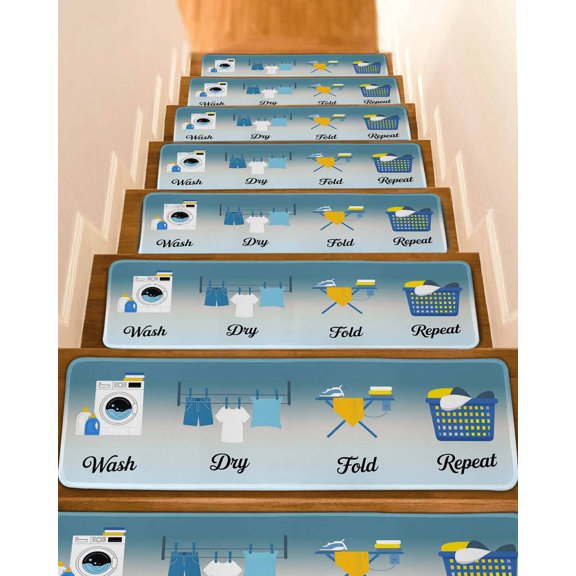 Blue Ombre Laundry Stair Treads for Wooden Steps Indoor Runner Rug Carpet, Wash Dry Fold Repeat 10 Pieces Peel and Stick Staircase Step Treads Covers Washable Throw Door Mats, 30"x8"